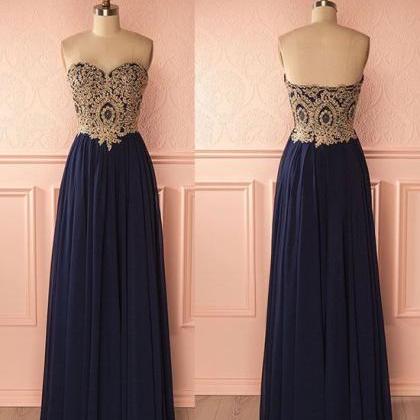 Navy Blue Chiffon Gold Lace Appliqued Prom..