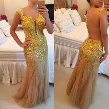 Nude Tulle With Gold Lace Appliqued Prom..