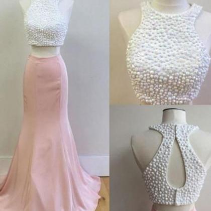 White Beaded Bodice Two Pieces Prom Dress,mermaid..