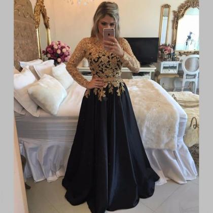Gold Lace Appliqued Long Sleeves Prom Dress,black..