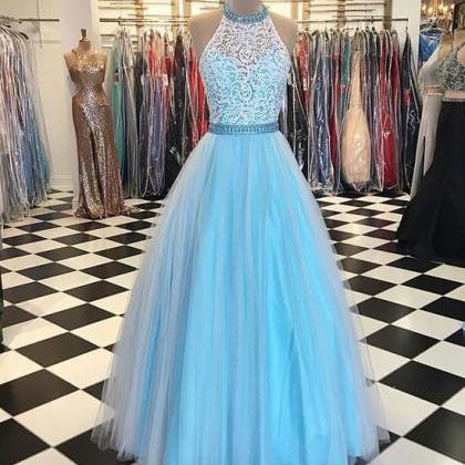 Blue Tulle White Lace Prom Dress,halter High Neck..