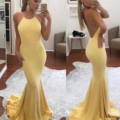 Sexy Backless Prom Dress,yellow Mermaid Formal..
