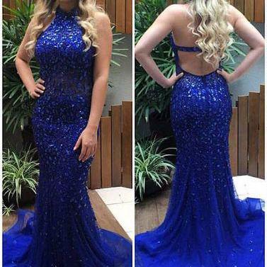 Sparkly Beaded Royal Blue Mermaid Prom Dress,Shinny Formal Pageant