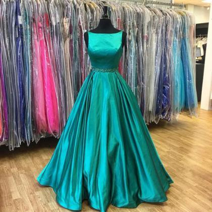 Green Satin Beaded Long Prom Dress,elegant Simple..