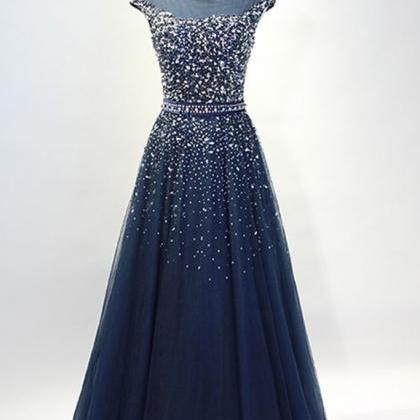 Navy Tulle With Beaded Long Prom Dresses,senior..