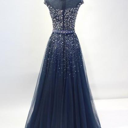 Navy Tulle With Beaded Long Prom Dresses,senior..