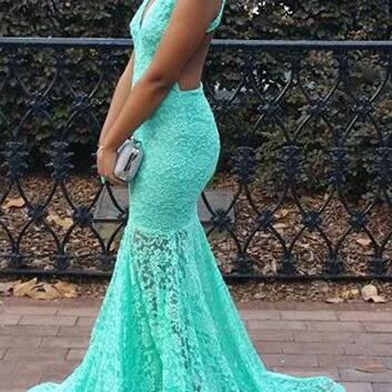 Aqua Lace Backless Prom Dress,mermaid Formal..