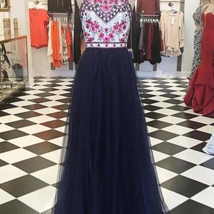 Halter Floral Embroidery Prom Dress,navy Tulle..