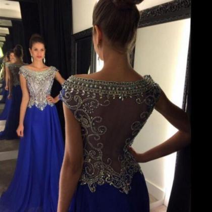 Off Shoulder Royal Blue Chiffon With Beaded Prom..