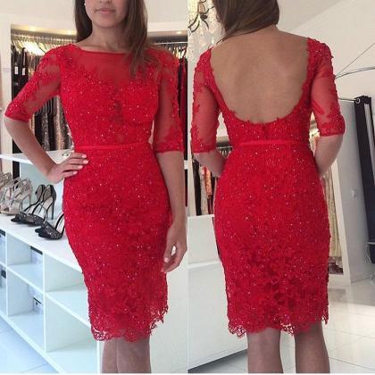 Sheath Red Lace With Beaded Short Prom Dress,half..