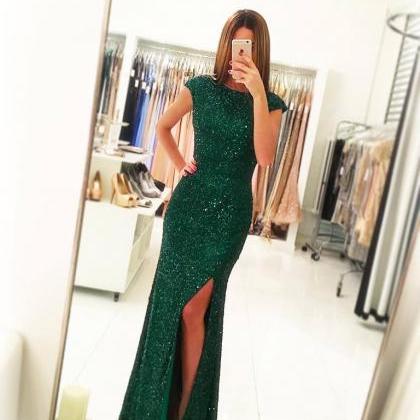 Green Sequins Lace Prom Dress With Slit On Leg,cap..