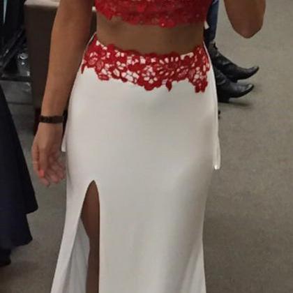 Red Lace Top White Jersey Bottom Prom Dress,2..