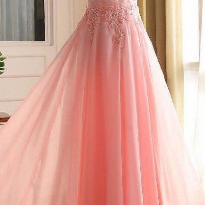 Pink Chiffon Lace Appliqued Prom Dress, Design..
