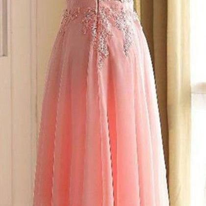 Pink Chiffon Lace Appliqued Prom Dress, Design..
