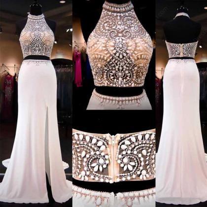 2 Pieces Beaded White Jersey Prom Dress,mermaid..