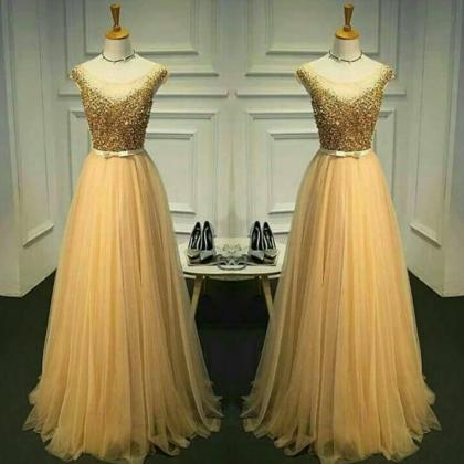 Gold Beaded Top Prom Dress,long Prom Dress,shinny..