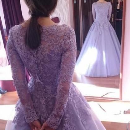 Long Sleeves Lavender Prom Dress,lace Appliqued..