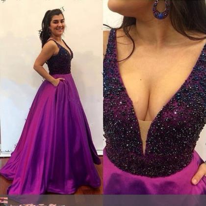 V-neck Purple Satin Prom Dress With Pocket,beaded..