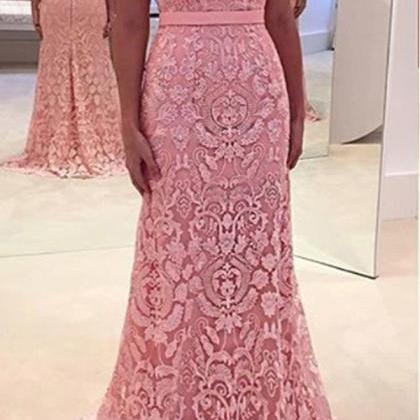 Pink Vintage Lace Prom Dress,mermaid Prom..
