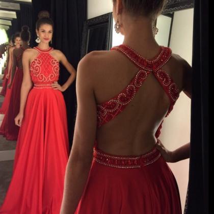 Red Chiffon With Beaded Sexy Prom Dress,backless..