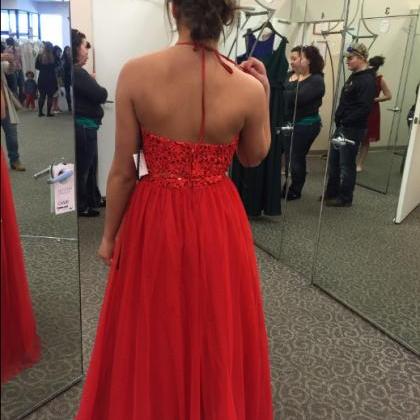 Red Lace Top Prom Dress,halter Prom Dress,simple..