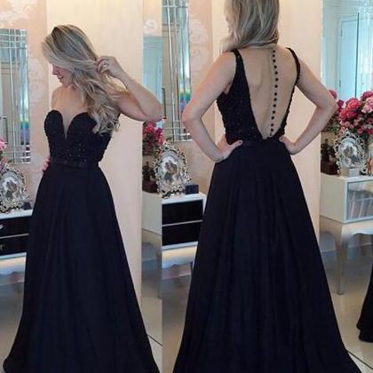 A-line Beaded Black Prom Dress,elegant Long Formal..
