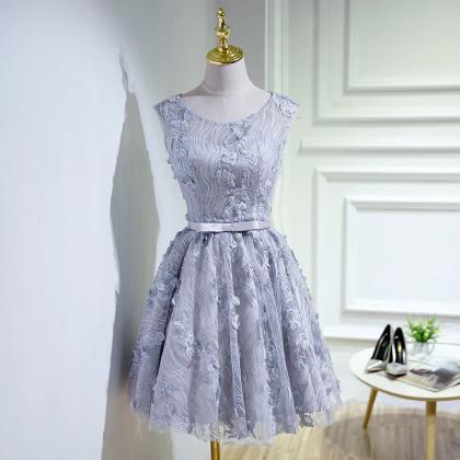 Vintage Lace Homecoming Dress,silver Short Prom..