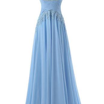 Blue Chiffon With Lace Appliqued Prom Dress,long..