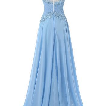 Blue Chiffon With Lace Appliqued Prom Dress,long..