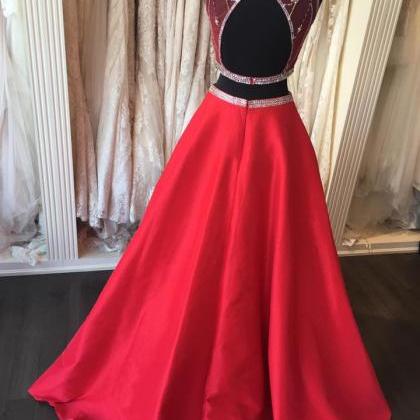 Red Taffeta Beaded Top 2 Pieces Prom Dress,shinny..