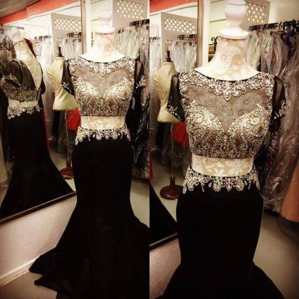 Two Pieces Beaded Top Black Prom Dresses,mermaid..