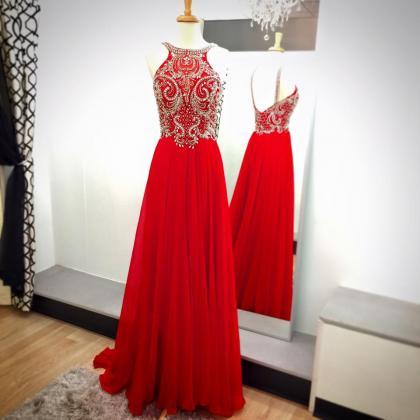 Beaded Bodice Red Chiffon Prom Dress,senior Prom..