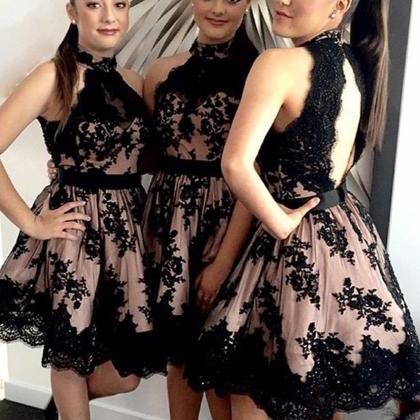 Black Lace Appliqued Homecoming Dresses,short Prom..