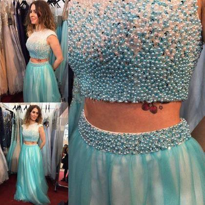 Pearl Beaded Two Pieces Prom Dress,aqua And Ivory..