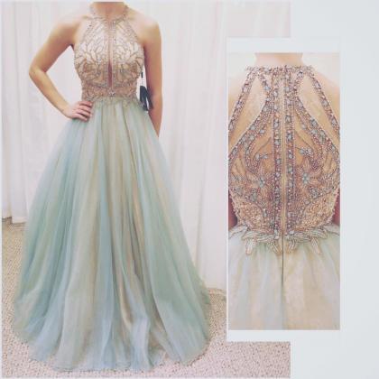 Nude And Sage Tulle With Beaded Top Prom..