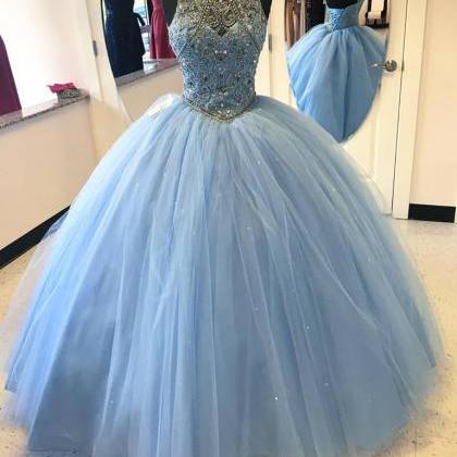 Ball Gown Sky Blue Tulle Beaded Prom Dresses,open..