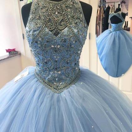 Ball Gown Sky Blue Tulle Beaded Prom Dresses,open..