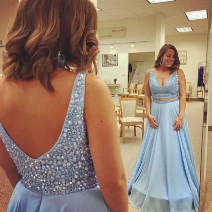 Sky Blue Chiffon With Beaded Top 2 Pieces Prom..