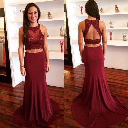Burgundy Jersey 2 Pieces Prom Dresses,sweep Train..