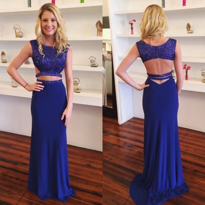 Royal Blue Jersey Sparkly Prom Dresses,2 Pieces..