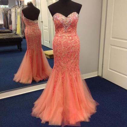 Sweetheart Neck Coral Lace Prom Dresses,strapless..