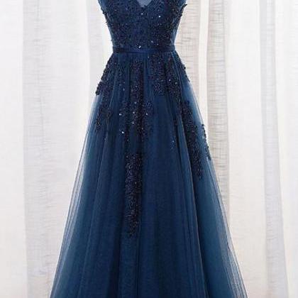 A-line Navy Blue Tulle With Lace Appliqued Prom..