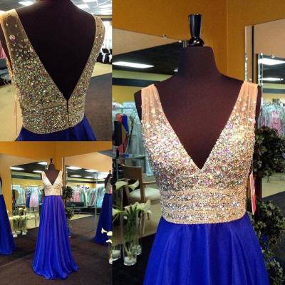 V-neck beaded bodice royal blue chiffon skirt formal dresses for 2k16 prom