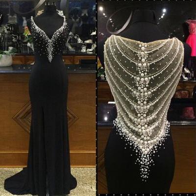 Black jersey prom dresses with slip on skirt ivory pearls beadings sweep train evening dresses APD1644
