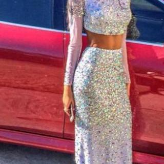 2 Pieces Prom Dresses Long Sleeve Prom Dresses White chiffon with Beaded Formal Dresses