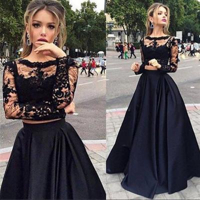 Black Lace Bodice 2 Pieces Prom Dress with Long Sleeve,2016 Formal Dress