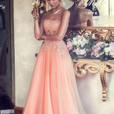 A-line Strapless Blush Pink Tulle with Lace Appliqued Long Prom Dress 1279
