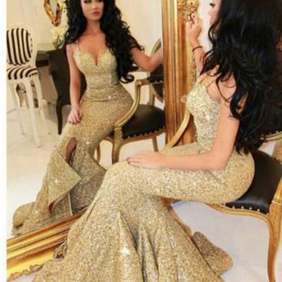 Spaghetti Strap Gold Sequins Lace Mermaid Prom Dress,2016 Evening Dresses,Sweep Train Formal Dresses 1719