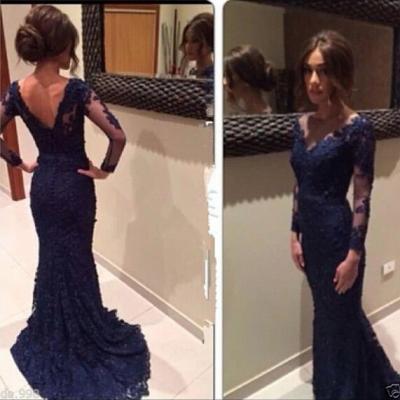 Navy Blue Lace Prom Dress with Sweep Train,Long Sleeve Mermaid Prom Dress,V neck Prom Gown 1718