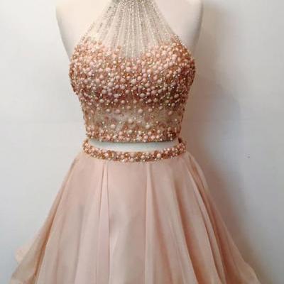 Two Piece Homecoming Dresses,Beaded Bodice Halter 2 Piece Short Prom Dresses,Sparkly Cocktail Dresses,1832